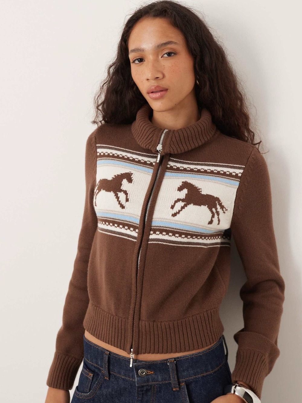 Abercrombie & Fitch Double Zip Foldover Collar Horse Graphic Cardigan